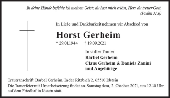 Traueranzeige von Horst Gerheim von vrm-trauer