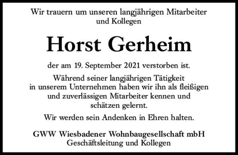  Traueranzeige für Horst Gerheim vom 25.09.2021 aus vrm-trauer