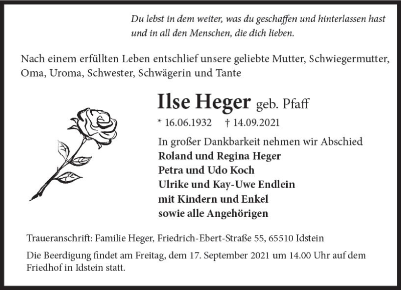  Traueranzeige für Ilse Heger vom 16.09.2021 aus vrm-trauer