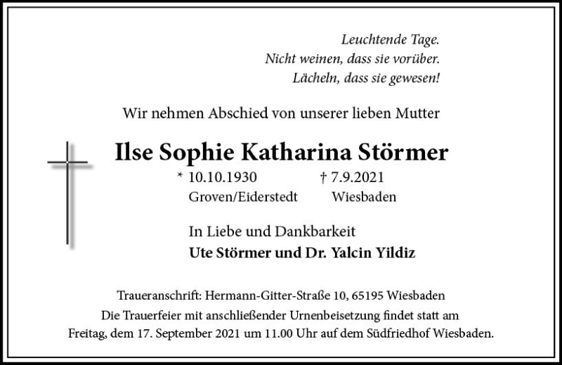  Traueranzeige für Ilse Sophie Katharina Störmer vom 11.09.2021 aus vrm-trauer
