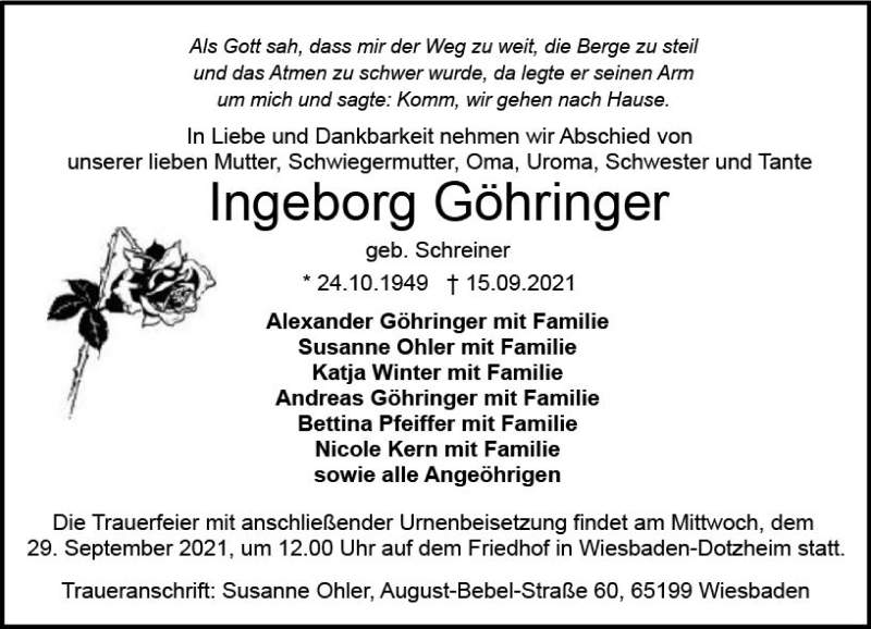  Traueranzeige für Ingeborg Göhringer vom 25.09.2021 aus vrm-trauer