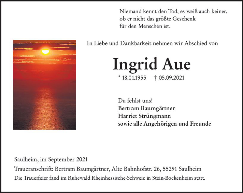  Traueranzeige für Ingrid Aue vom 25.09.2021 aus vrm-trauer