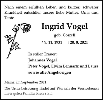 Traueranzeige von Ingrid Vogel von vrm-trauer