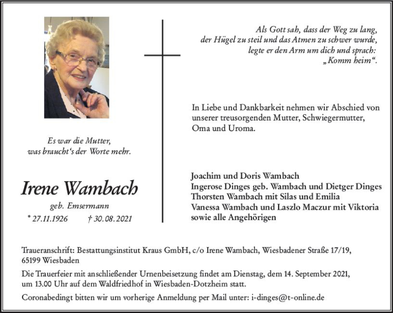  Traueranzeige für Irene Wambach vom 11.09.2021 aus vrm-trauer