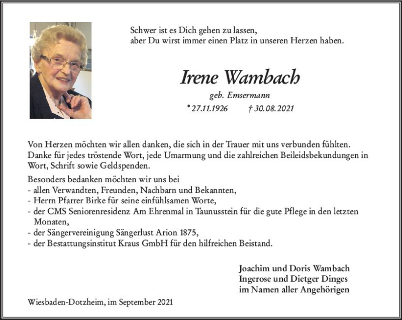  Traueranzeige für Irene Wambach vom 25.09.2021 aus vrm-trauer