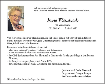 Traueranzeige von Irene Wambach von vrm-trauer
