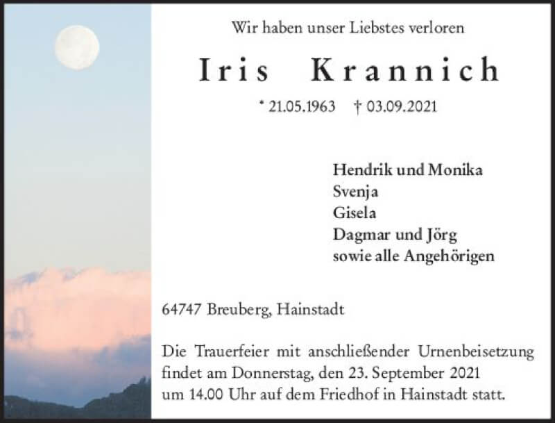  Traueranzeige für Iris Krannich vom 18.09.2021 aus vrm-trauer