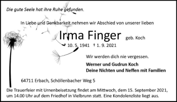 Traueranzeige von Irma Finger von vrm-trauer