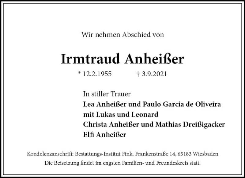  Traueranzeige für Irmtraud Anheißer vom 18.09.2021 aus vrm-trauer