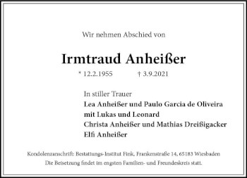 Traueranzeige von Irmtraud Anheißer von vrm-trauer