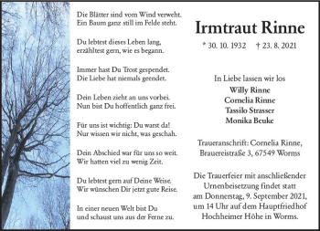 Traueranzeige von Irmtraut Rinne von vrm-trauer