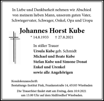 Traueranzeige von Johannes Horst Kube von vrm-trauer
