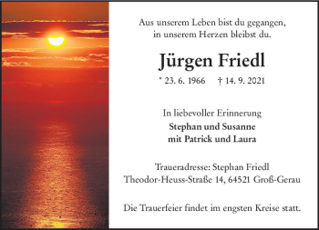 Traueranzeige von Jürgen Friedl von vrm-trauer