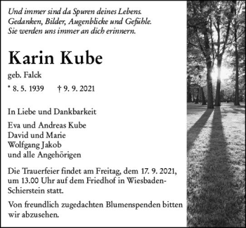 Traueranzeige von Karin Kube von vrm-trauer
