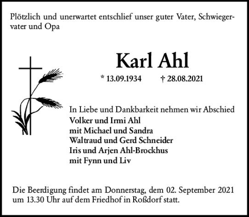  Traueranzeige für Karl Ahl vom 01.09.2021 aus vrm-trauer
