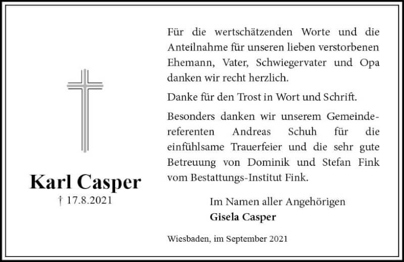  Traueranzeige für Karl Casper vom 18.09.2021 aus vrm-trauer