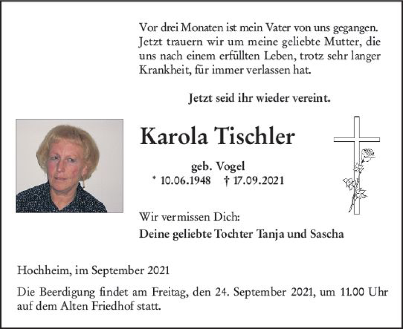  Traueranzeige für Karola Tischler vom 24.09.2021 aus vrm-trauer