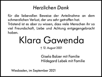 Traueranzeige von Klara Gawenda von vrm-trauer