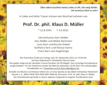 Traueranzeige von Klaus D. Müller von vrm-trauer