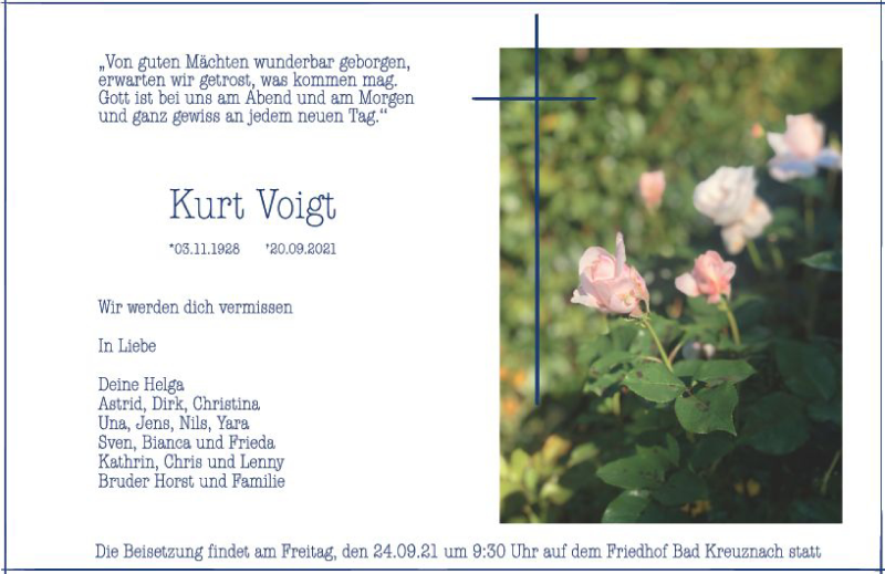  Traueranzeige für Kurt Voigt vom 23.09.2021 aus vrm-trauer