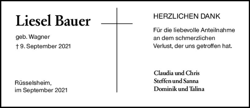  Traueranzeige für Liesel Bauer vom 25.09.2021 aus vrm-trauer