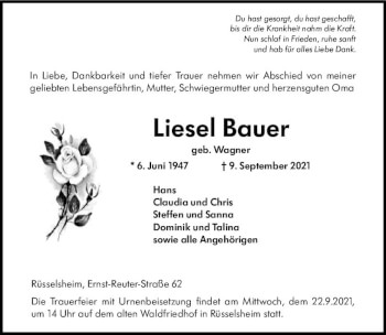 Traueranzeige von Liesel Bauer von vrm-trauer