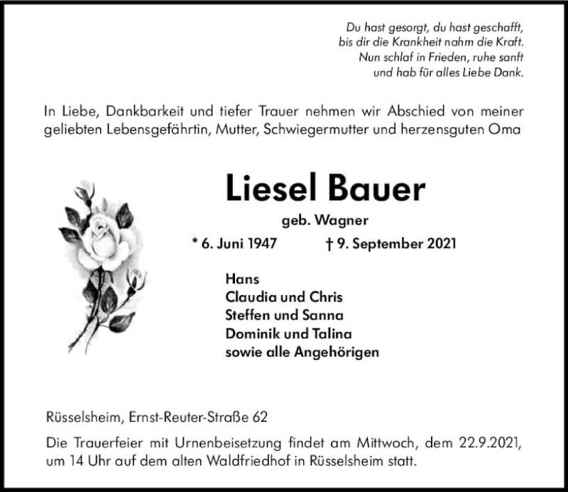  Traueranzeige für Liesel Bauer vom 18.09.2021 aus vrm-trauer