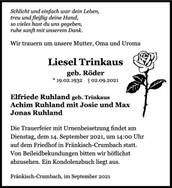 Traueranzeige von Liesel Trinkaus von vrm-trauer