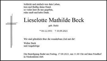 Traueranzeige von Lieselotte Mathilde Beck von vrm-trauer