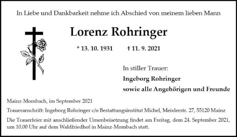  Traueranzeige für Lorenz Rohringer vom 18.09.2021 aus vrm-trauer