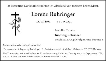 Traueranzeige von Lorenz Rohringer von vrm-trauer