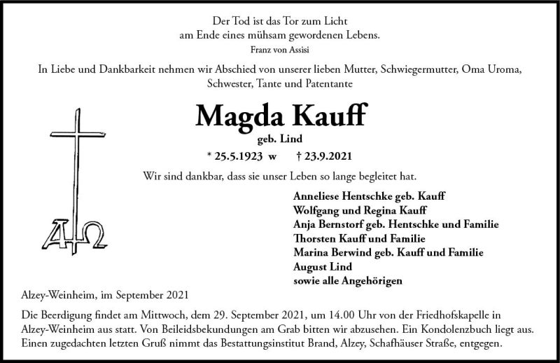  Traueranzeige für Magda Kauff vom 27.09.2021 aus vrm-trauer