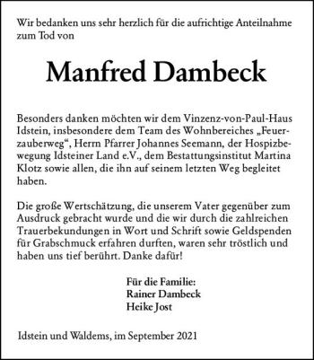 Traueranzeige von Manfred Dambeck von vrm-trauer