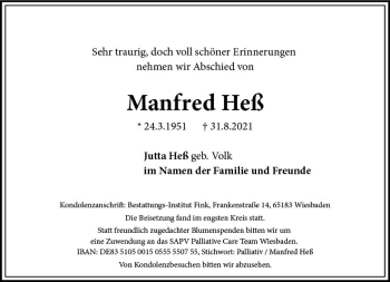 Traueranzeige von Manfred Heß von vrm-trauer