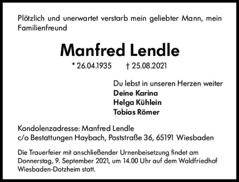  Traueranzeige für Manfred Lendle vom 04.09.2021 aus vrm-trauer