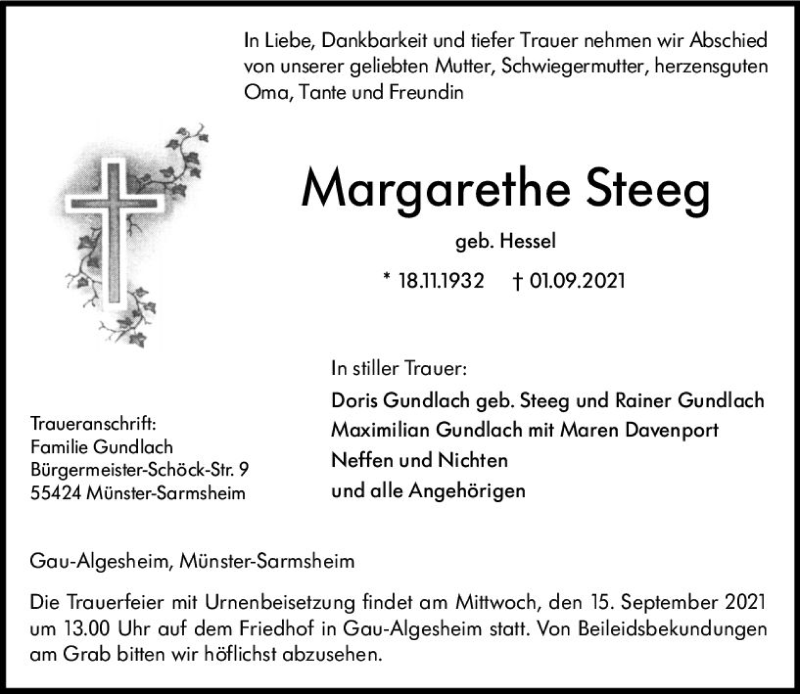  Traueranzeige für Margarethe Steeg vom 11.09.2021 aus vrm-trauer
