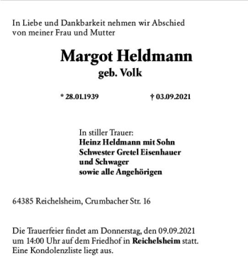 Traueranzeige von Margot Heldmann von vrm-trauer