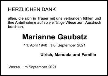 Traueranzeige von Marianne Gaubatz von vrm-trauer