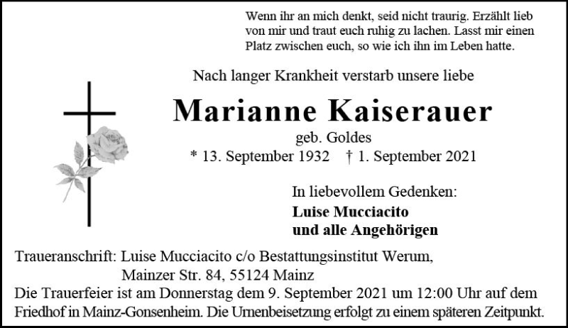  Traueranzeige für Marianne Kaiserauer vom 04.09.2021 aus vrm-trauer