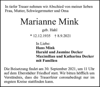 Traueranzeige von Marianne Mink von vrm-trauer