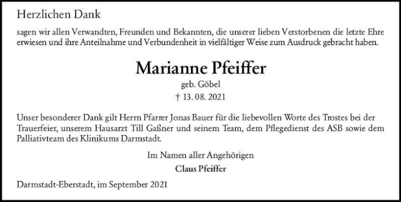  Traueranzeige für Marianne Pfeiffer vom 18.09.2021 aus vrm-trauer
