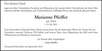 Traueranzeige von Marianne Pfeiffer von vrm-trauer