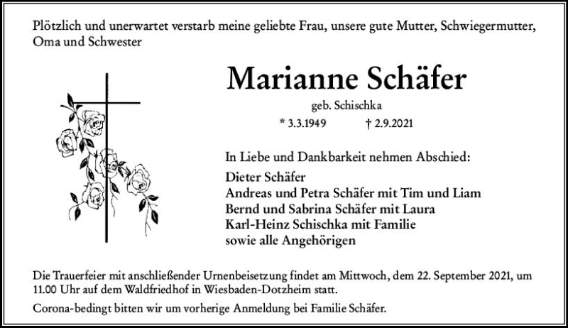  Traueranzeige für Marianne Schäfer vom 11.09.2021 aus vrm-trauer