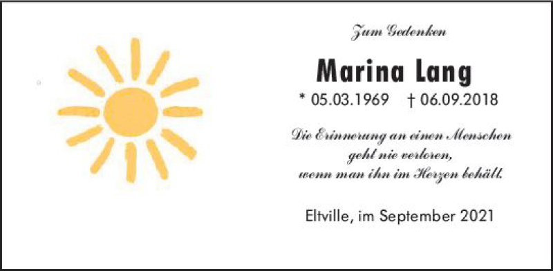  Traueranzeige für Marina Lang vom 11.09.2021 aus vrm-trauer