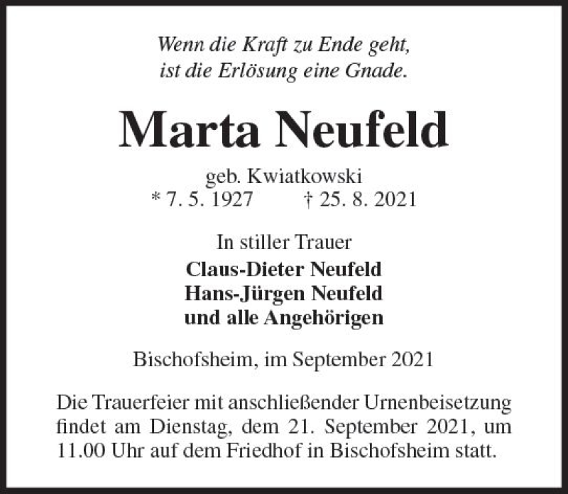  Traueranzeige für Marta Neufeld vom 04.09.2021 aus vrm-trauer
