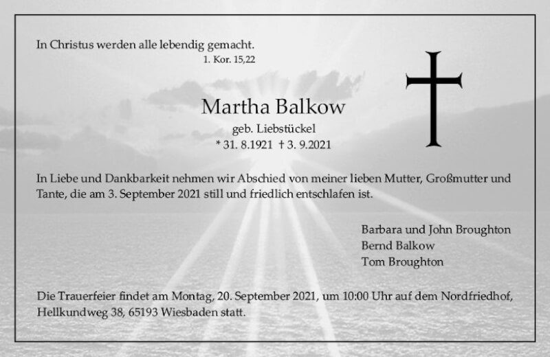  Traueranzeige für Martha Balkow vom 18.09.2021 aus vrm-trauer