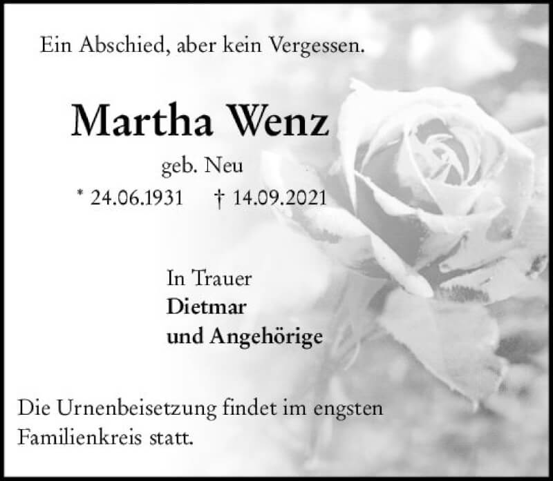  Traueranzeige für Martha Wenz vom 18.09.2021 aus vrm-trauer