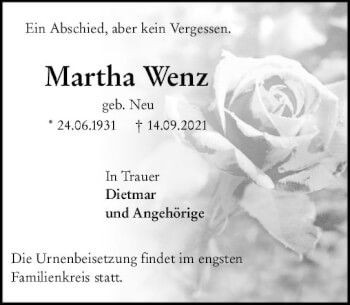 Traueranzeige von Martha Wenz von vrm-trauer