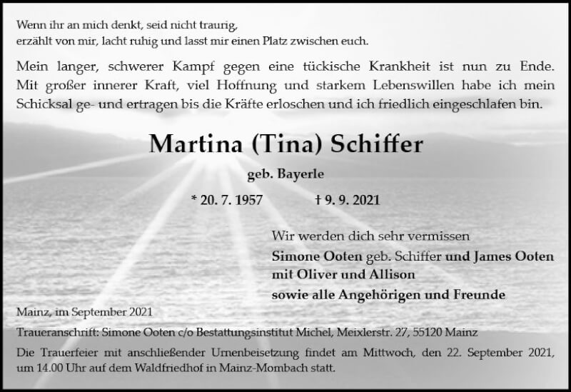  Traueranzeige für Martina Schiffer vom 18.09.2021 aus vrm-trauer