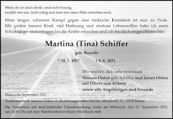 Traueranzeige von Martina Schiffer von vrm-trauer